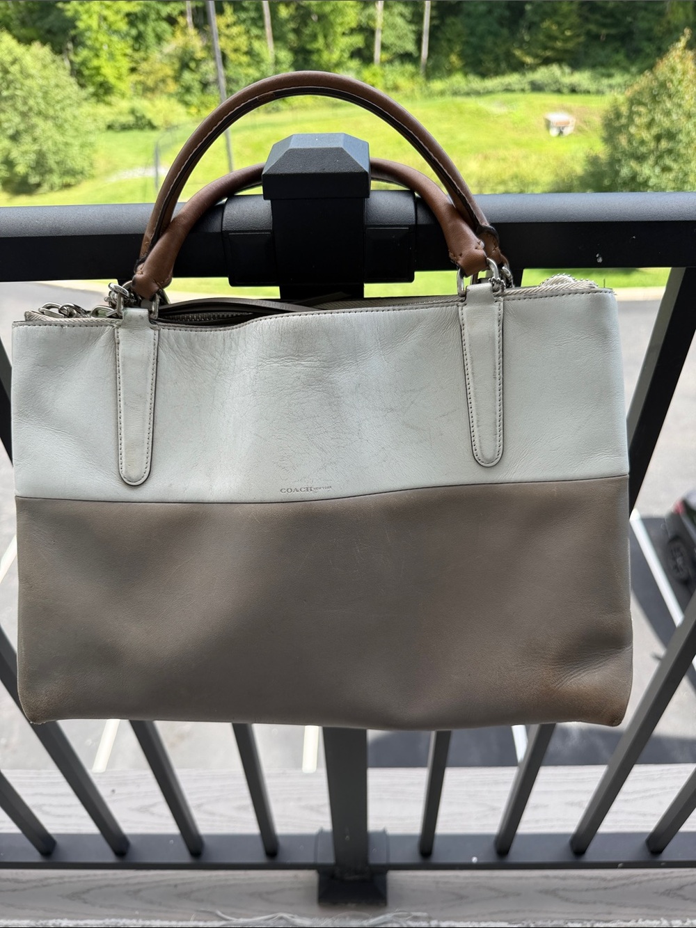 Coach Brorough Color Block Tote— Cream & Taupe with Brown Handles